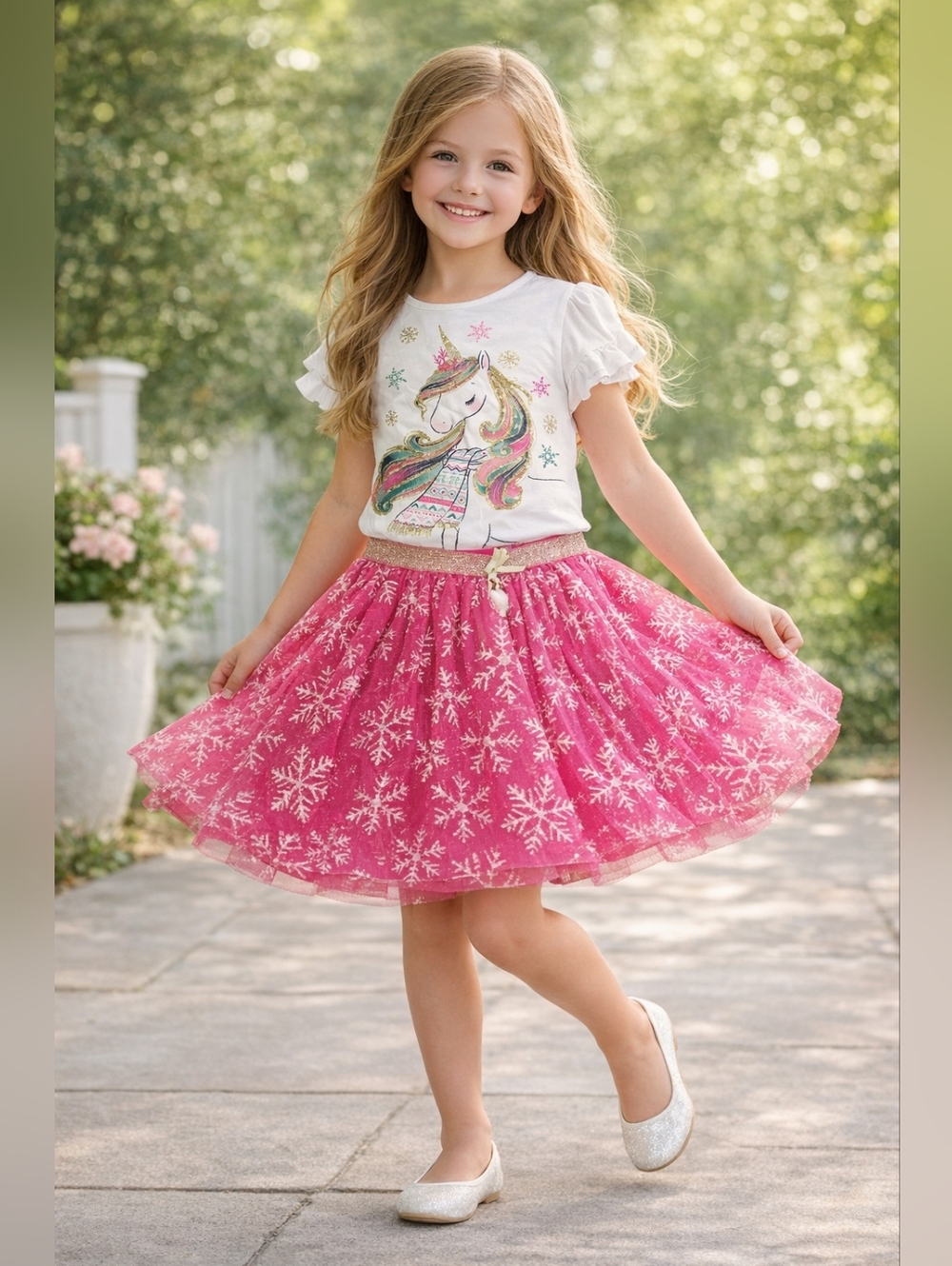 Cynthia Rowley Girls Unicorn Sequin Top & Pink Snowflake Tulle Skirt Set Size 10